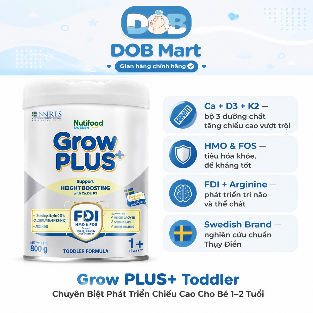 Sữa Bột Nutifood Sweden Grow PLUS+ Cao lớn vượt trội (Bạc) 800g cho bé từ 1+