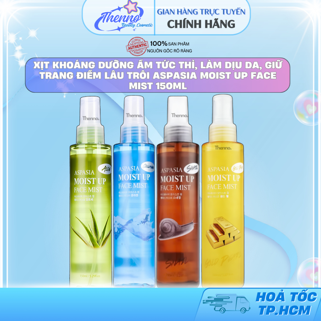 Xịt Khoáng Dưỡng Ẩm Tức Thì, Làm Dịu Da, Giữ Trang Điểm Lâu Trôi Aspasia Moist Up Face Mist 150ml