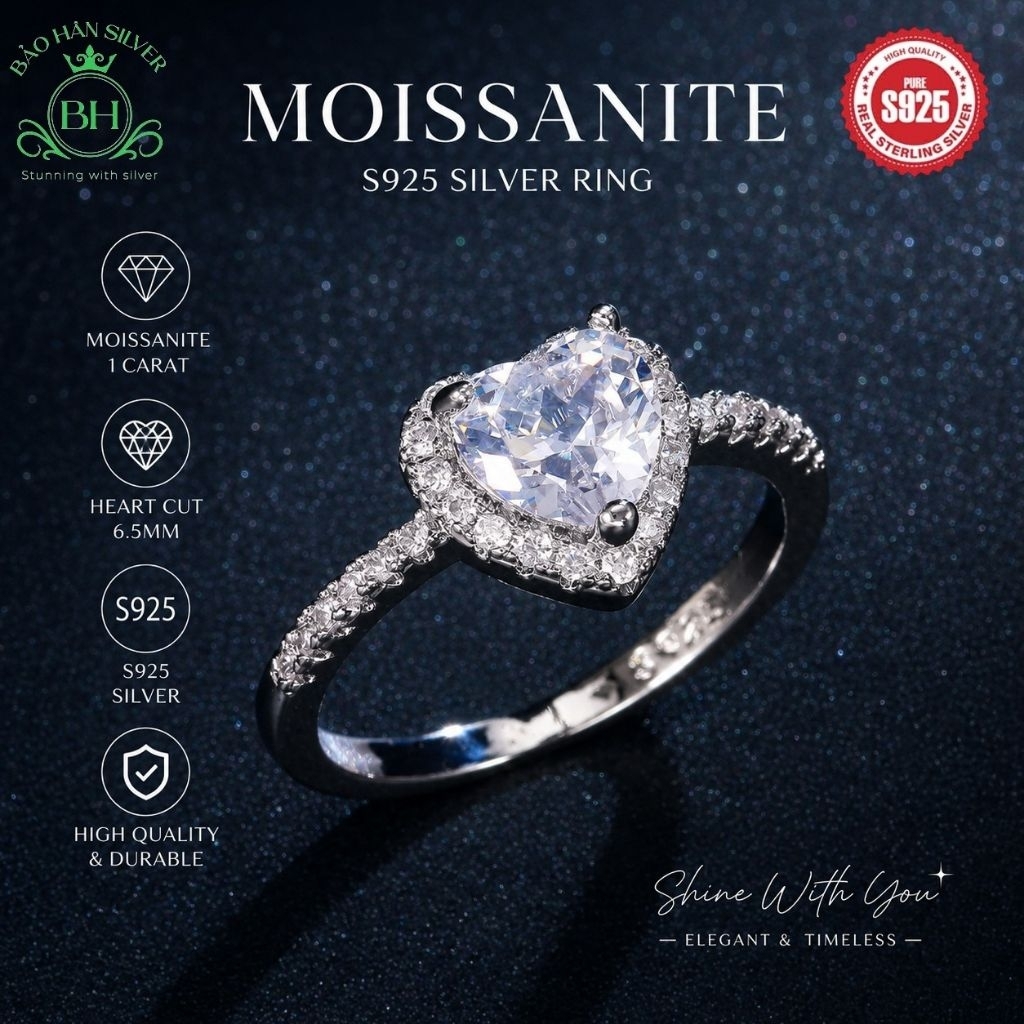 Moissanite 6.5ly trái tim Nhẫn bạc nữ Moissanite nhẫn kim cương Moissanite bạc 925 nhẫn cầu hôn nhẫn