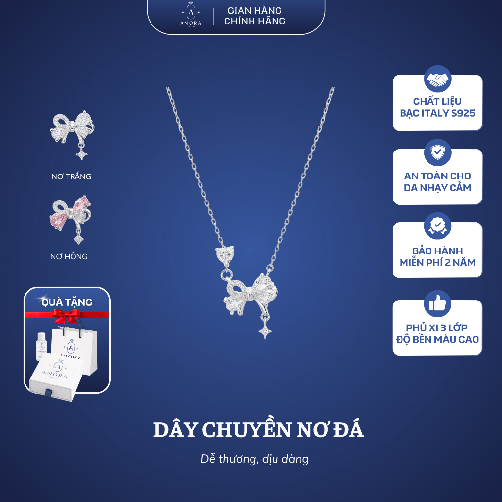 Dây chuyền liền mặt nữ AMORA thiết kế mặt nơ đá tua dễ thương bạc S925 AMORA JEWELRY DC004