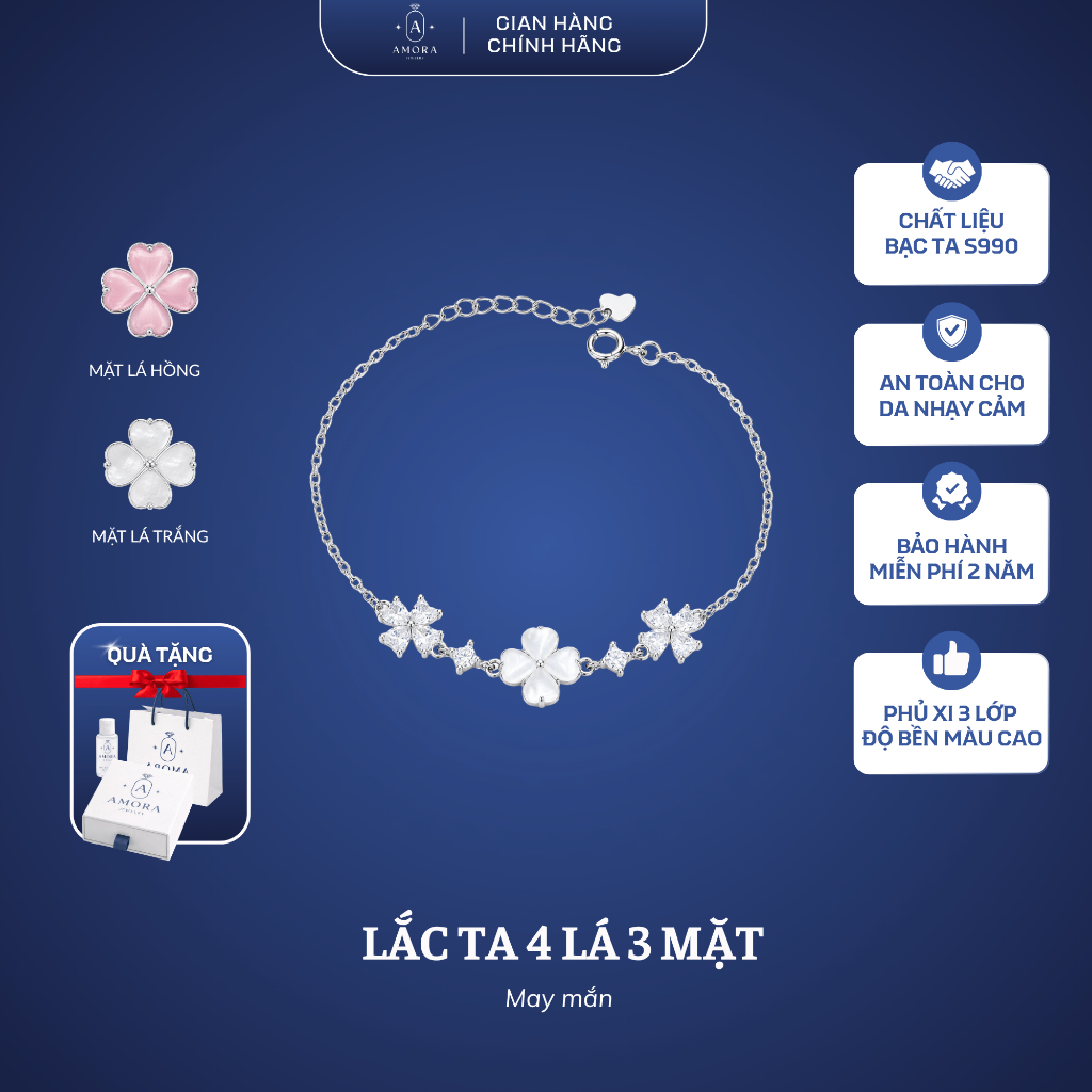 Lắc tay nữ CỎ 4 LÁ AMORA bạc ta mặt đá mix mặt hoa khoá cài AMORA JEWELRY LT001