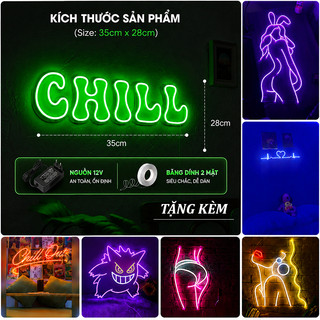 Đèn Neon LED CHILL dán Tường Decor Phòng Ngủ, Phòng Gaming, Quán Cafe - Tặng Nguồn 12V & Băng Dính 2 Mặt