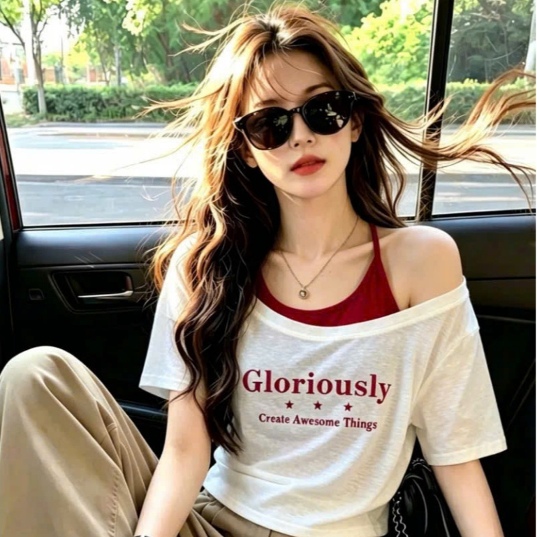 [NEW ARRIVAL] Set Áo Thun Giấy In Chữ Gloriously Kèm Áo Yếm Dây Màu Sắc - Style Acubi / Y2K Năng Độn