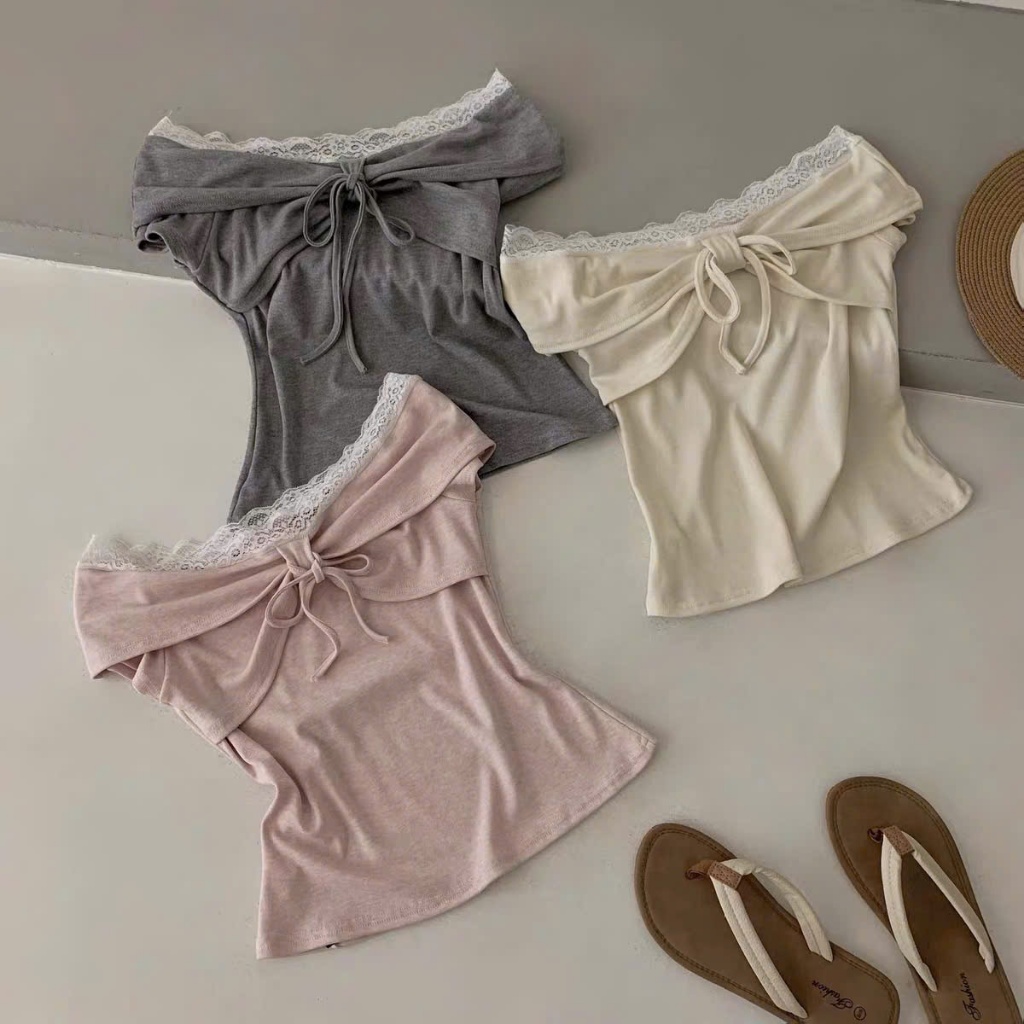 [NEW ARRIVAL] Áo Trễ Vai Thun Tăm Phối Viền Ren Buộc Nơ - Style Coquette / Acubi Trẻ Trung, Quyến Rũ
