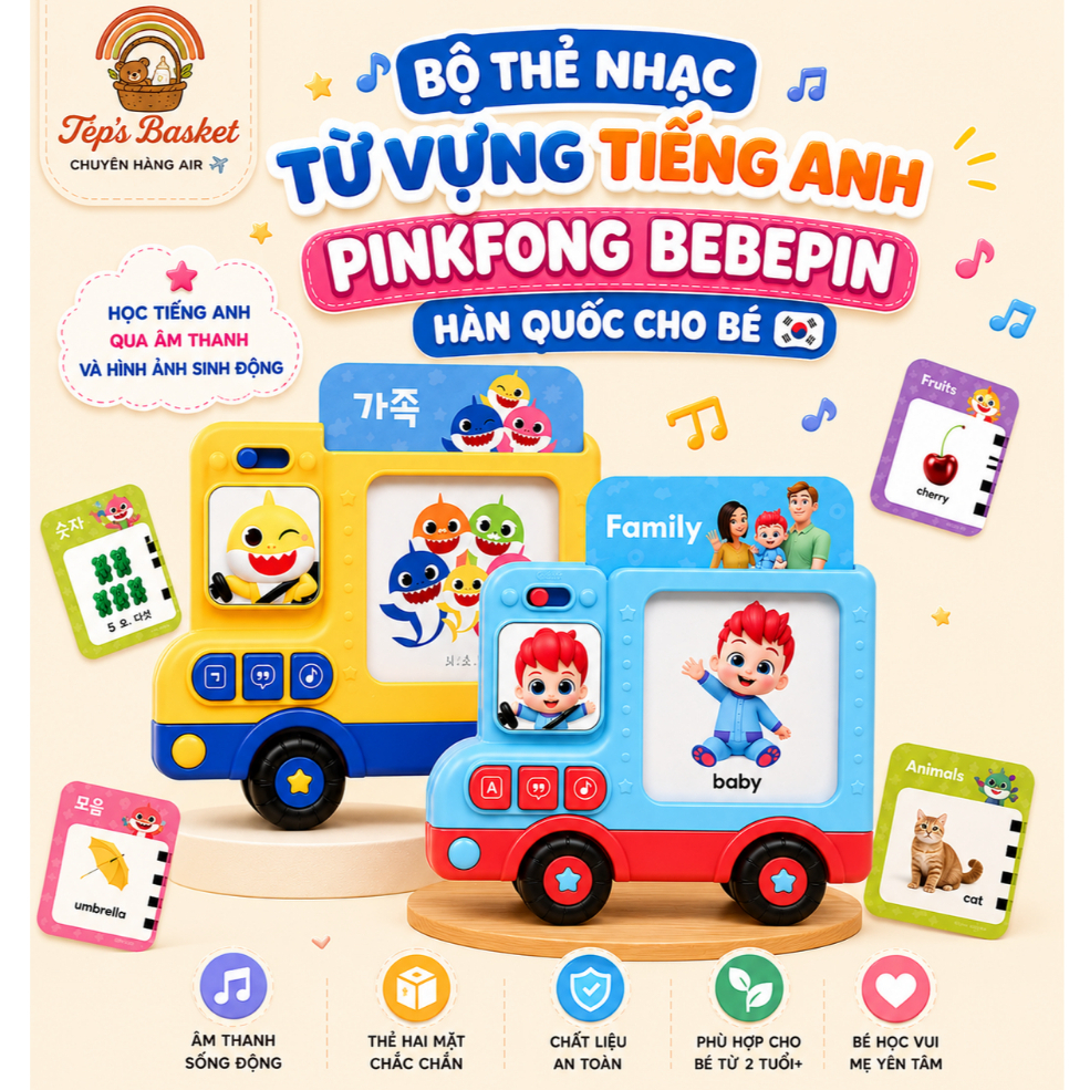 Bộ thẻ nhạc từ vựng tiếng Anh Pinkfong Bebefin Hàn Quốc cho bé