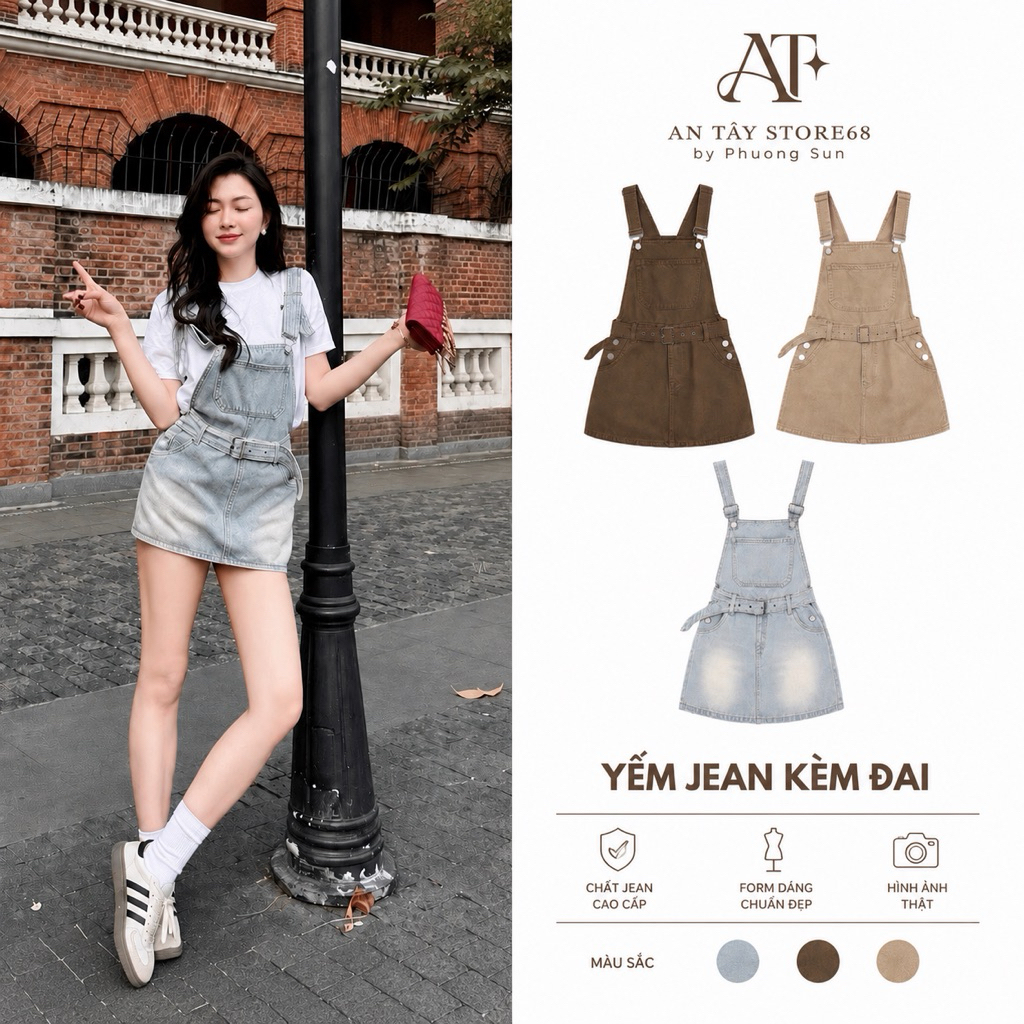 Yếm Jean Kèm Belt Siêu Hot AN TÂY- VẢI JEAN QC 3 MÀU #8615-17 SML hot trend