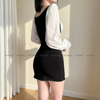 ẢNH THẬT Đầm body đen trắng phối ren / bèo tay dài