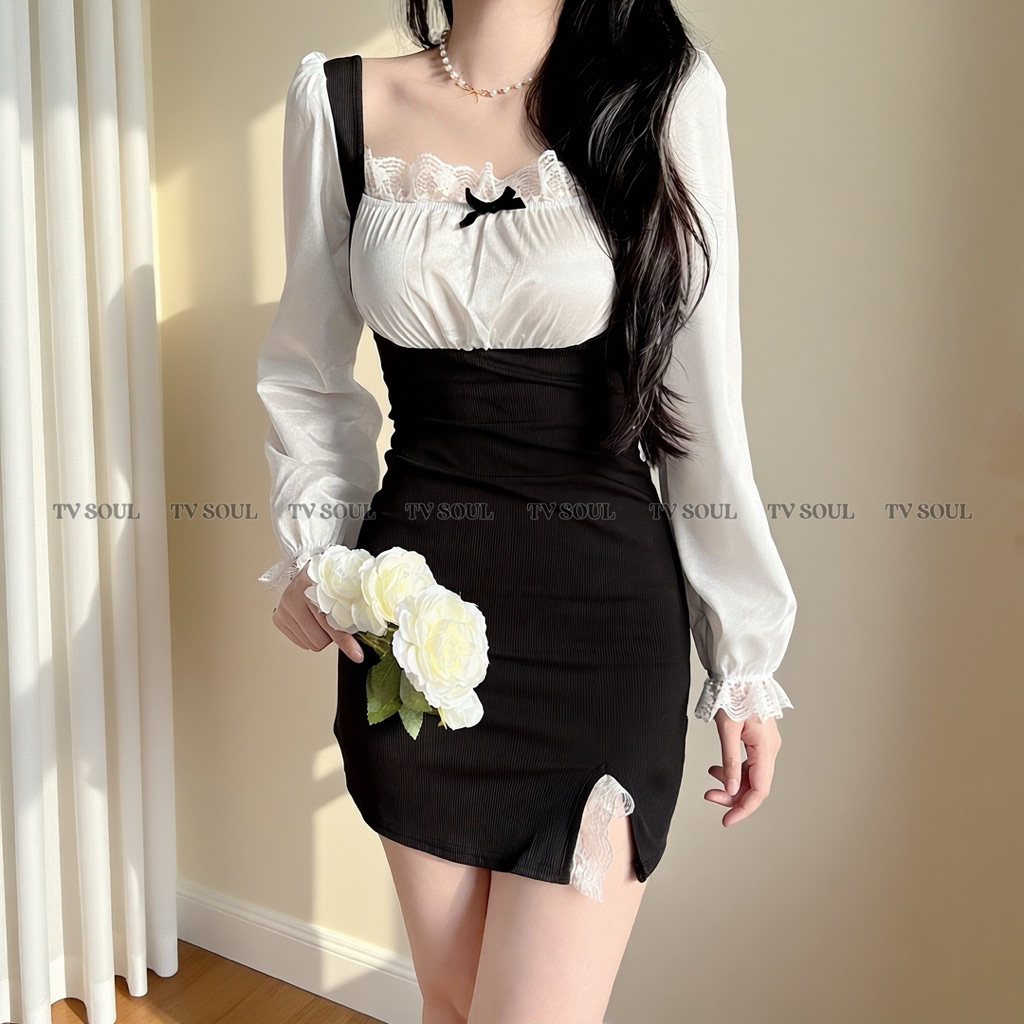 ẢNH THẬT Đầm body đen trắng phối ren / bèo tay dài