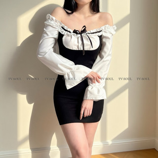 ẢNH THẬT Đầm body đen trắng phối ren / bèo tay dài