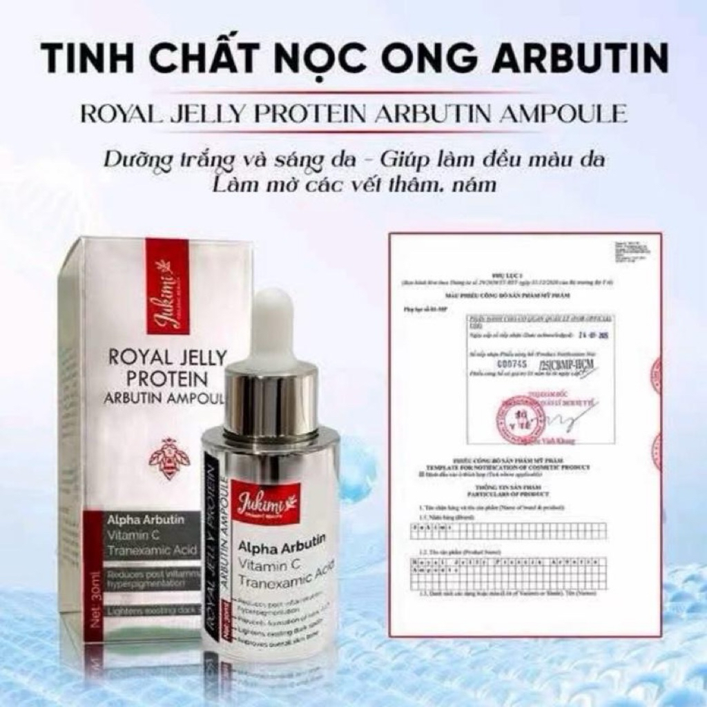 Serum Nám Arbutin Jukimi 30ml – Royal Jelly Protein Arbutin Ampoule Dưỡng Trắng, Mờ Thâm Nám