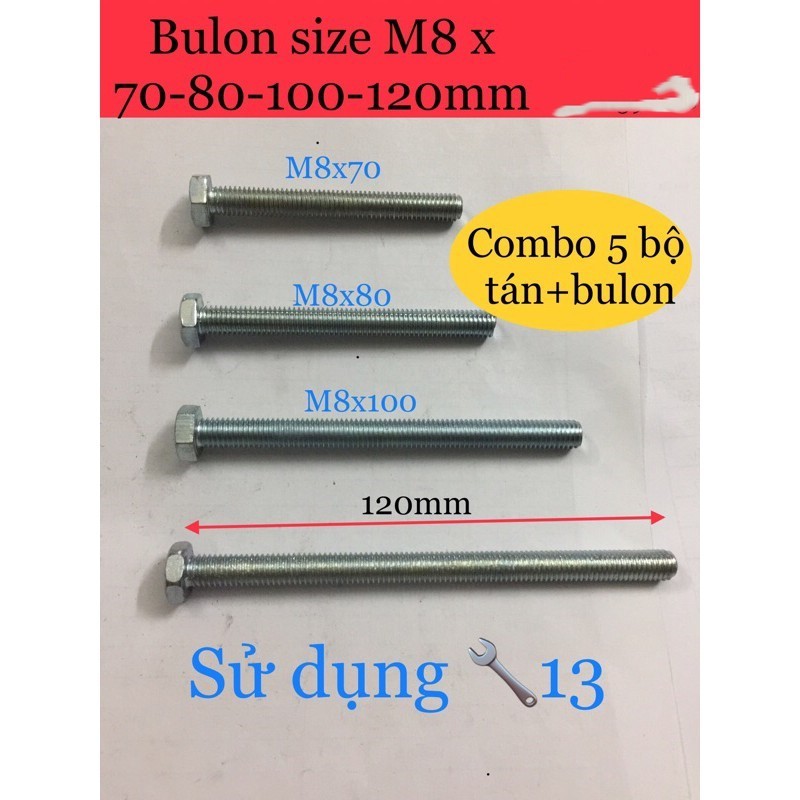 5 bộ bulon +tán M8 | size M8x70/M8x80/M8x100/M8x120 mm