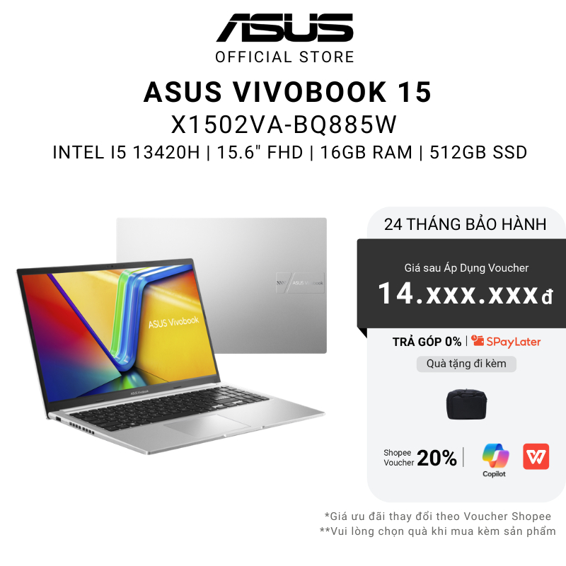 Laptop Asus Vivobook 15 X1502VA-BQ885W i5-13420H | 16GB | 512GB | Intel UHD | 15.6" FHD Win 11 Bạc
