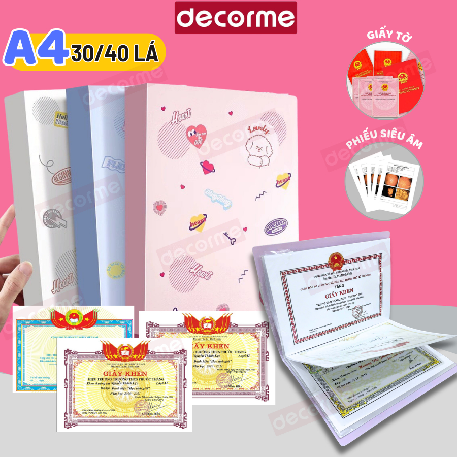 File Lá Đựng Giấy Khen, Siêu Âm, Tài Liệu A4 DecorMe Sổ Lưu Giấy Tờ, Đựng Giấy Khen 30, 40 Lá Tiện D