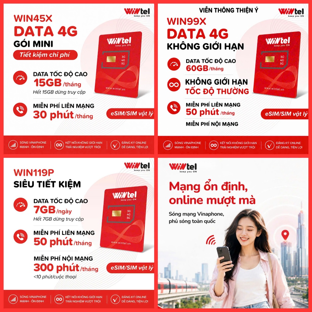 SIM WINTEL 4G/5G WIN99X WIN69X WIN45X WIN119P 210GB/THÁNG+50P NGOẠI MẠNG