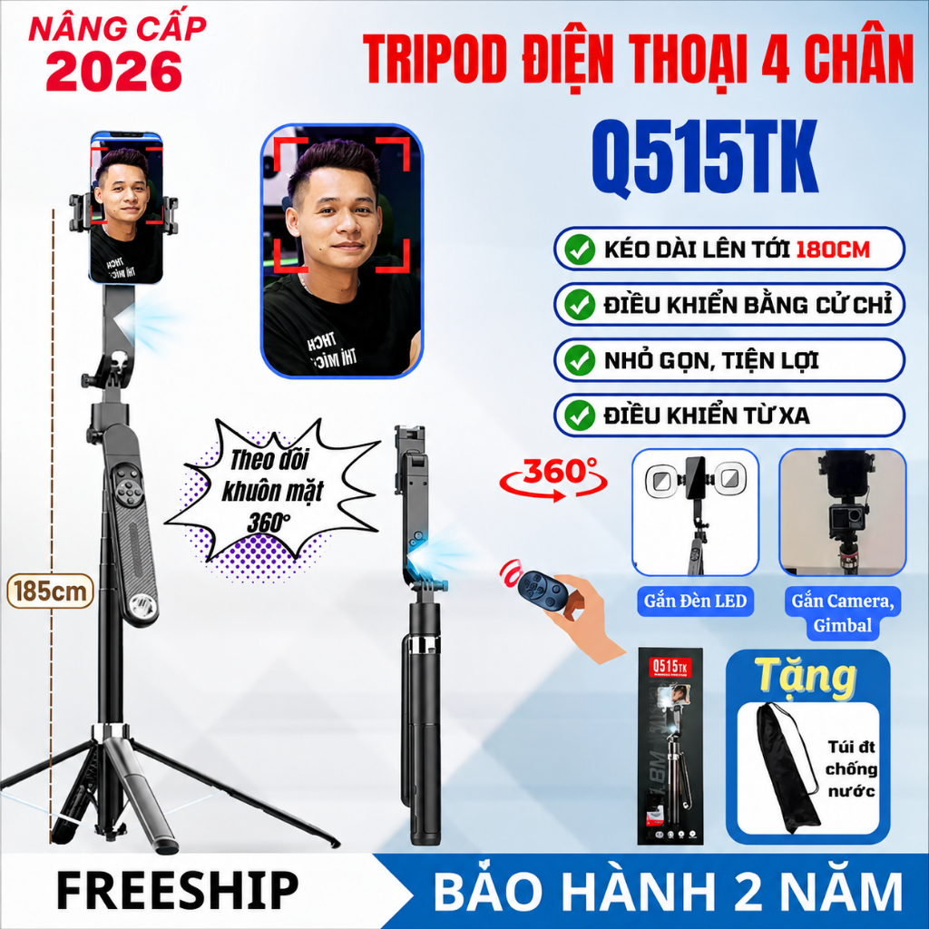 Gậy quay phim, chụp ảnh kiêm Gimbal xoay 360 độ Q515TK, Tripod điện thoại 3 chân có remote bluetooth