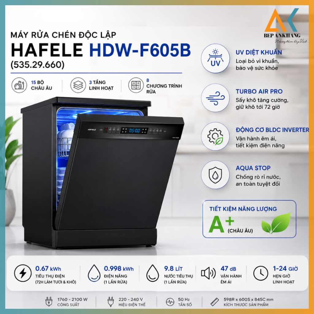 [ Chính Hãng ] Máy Rửa Chén Hafele HDW-F605B (535.29.660) | Sấy Turbo Air Pro, Inverter, Aqua Stop