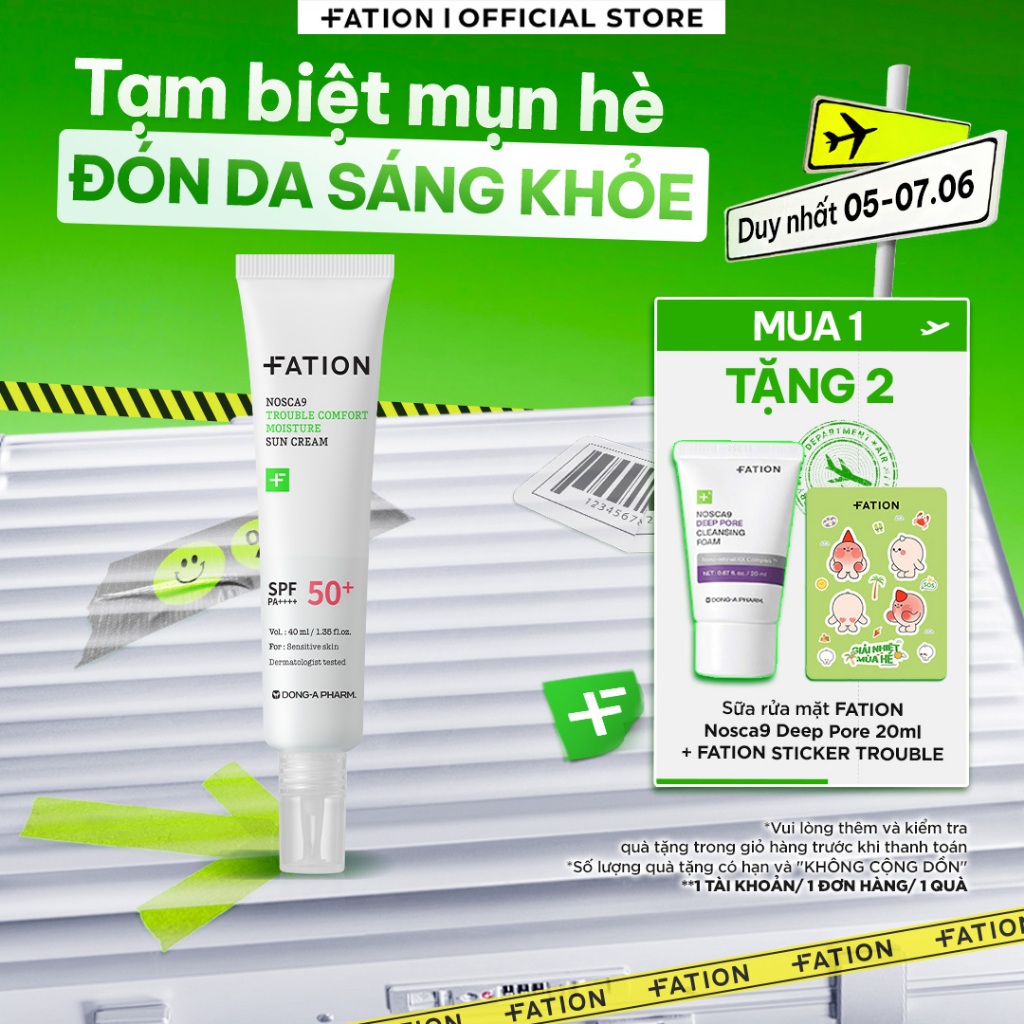 Kem chống nắng FATION Nosca9 Trouble Comfort Moisture Sun Cream SPF50+/PA++++ (40ml) làm dịu dành ri