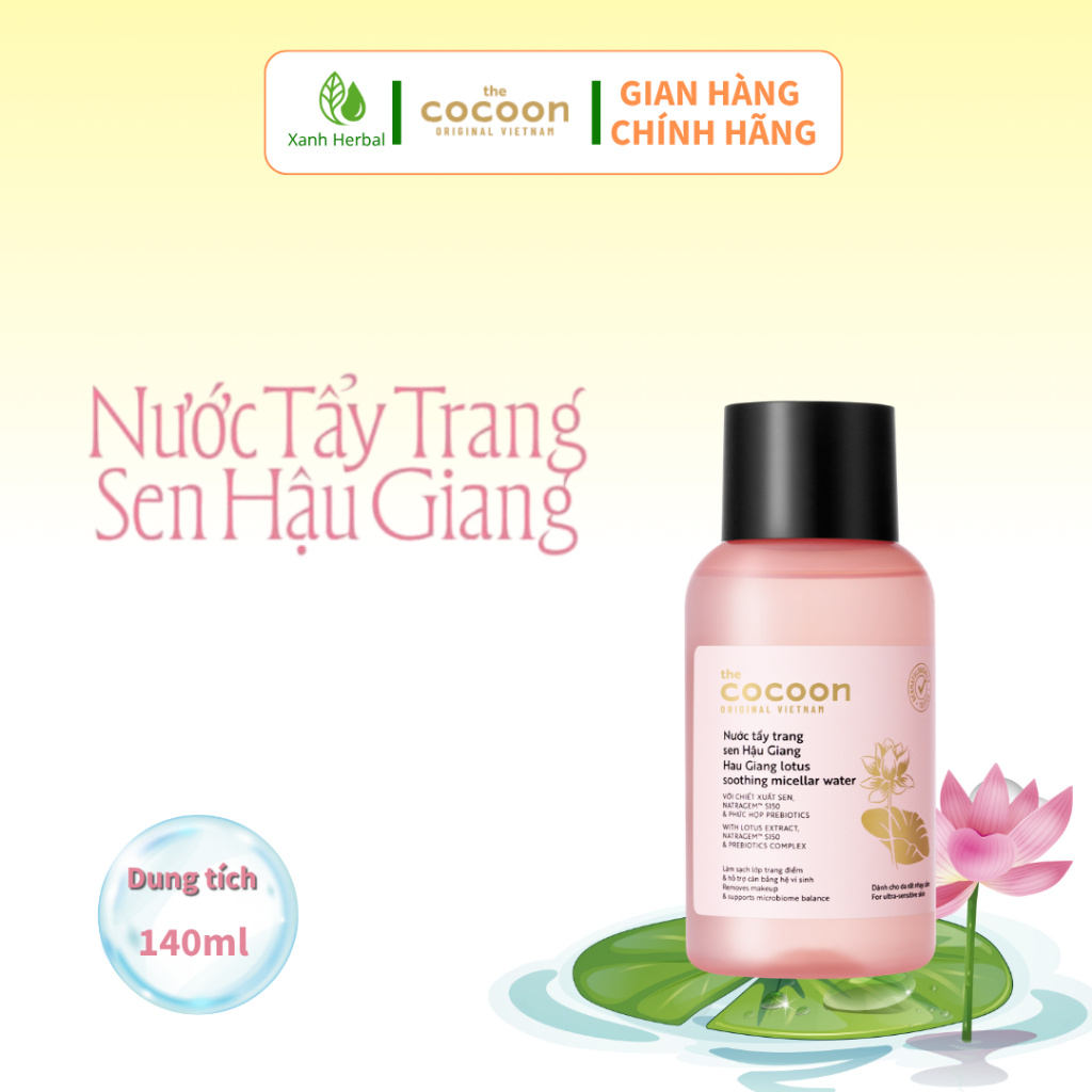Nước Tẩy Trang Cocoon Sen Hậu Giang 140ml Dịu Nhẹ, Làm Sạch Bụi Bẩn Và Lớp Trang Điểm, Phù Hợp Cho Da Nhạy Cảm