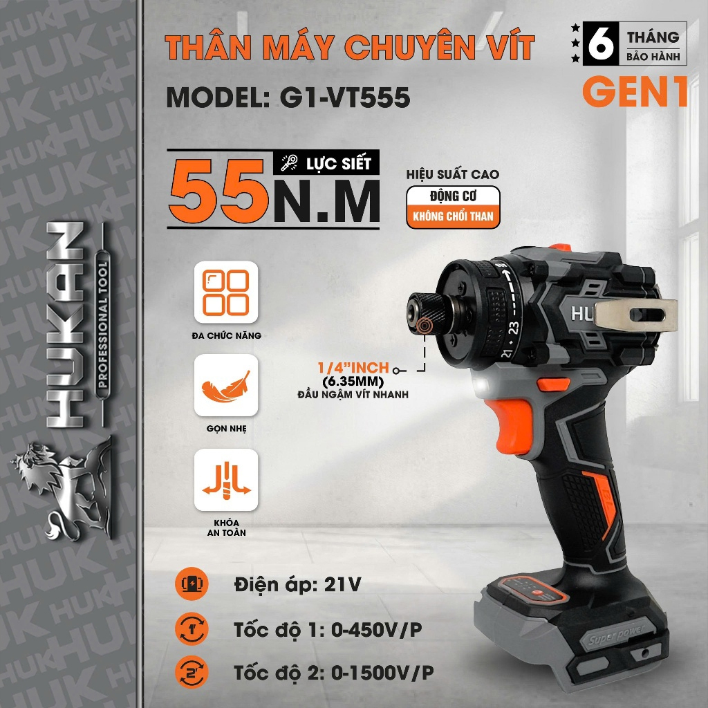 Máy chuyên vít trượt pin HUKAN G1-VT555, Đầu ngậm nhanh 6.35mm Không chổi than,  2 Tốc độ, 55Nm