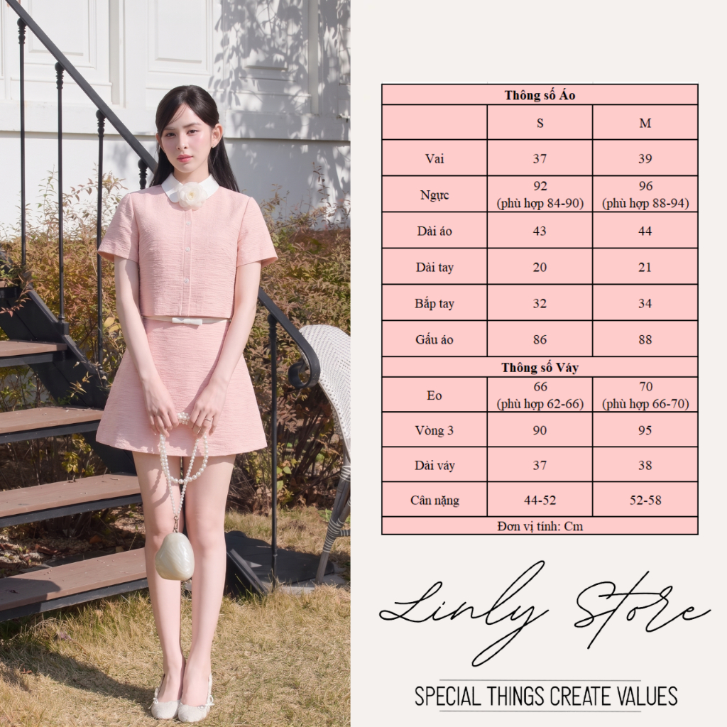 Set váy tiểu thư hồng pastel cổ cài hoa phối chân váy chữ A cao cấp Linly Store | BigBuy360 - bigbuy360.vn