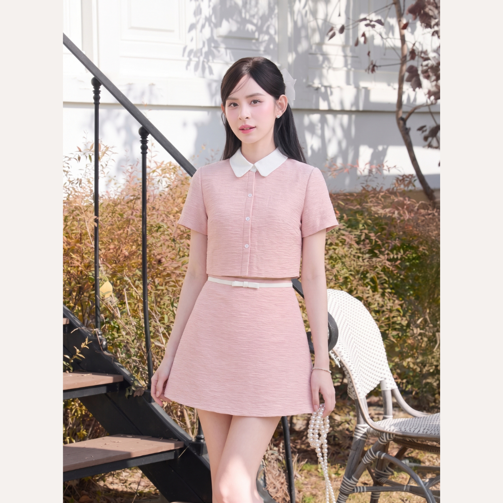 Set váy tiểu thư hồng pastel cổ cài hoa phối chân váy chữ A cao cấp Linly Store | BigBuy360 - bigbuy360.vn