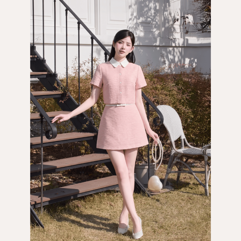 Set váy tiểu thư hồng pastel cổ cài hoa phối chân váy chữ A cao cấp Linly Store | BigBuy360 - bigbuy360.vn