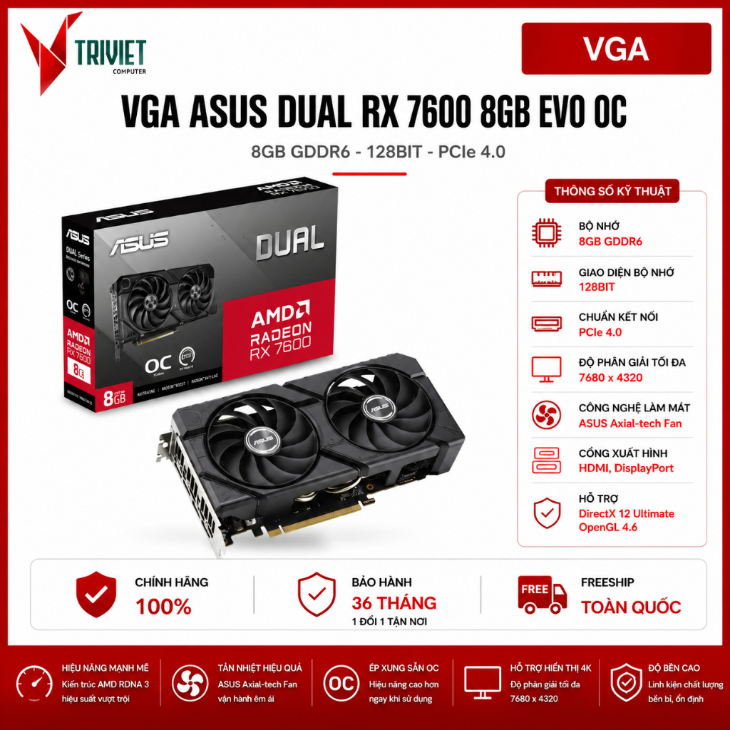 Card Màn Hình VGA Asus Dual RX 7600 8GB EVO OC (DUAL-RX7600-O8G-EVO) - VGA Gaming Hiệu Năng Cao