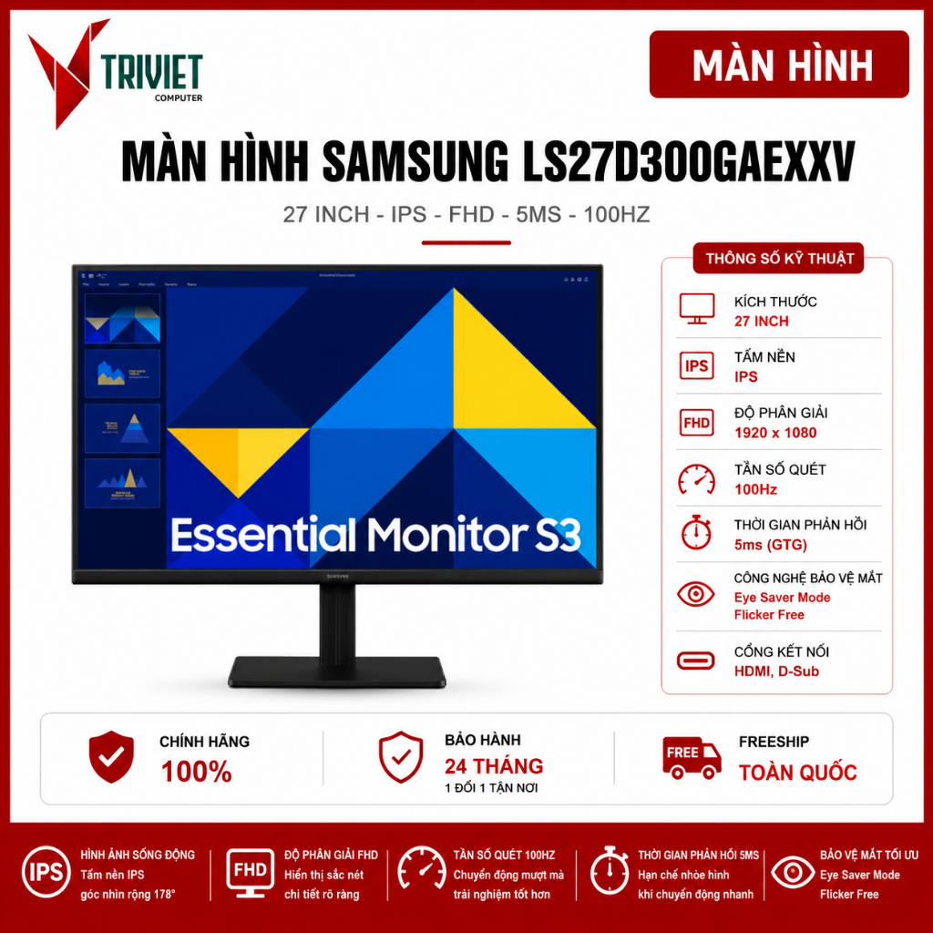 Màn Hình SAMSUNG LS27D300GAEXXV (27 inch - IPS - FHD - 5ms - 100Hz) - Gaming & Văn Phòng
