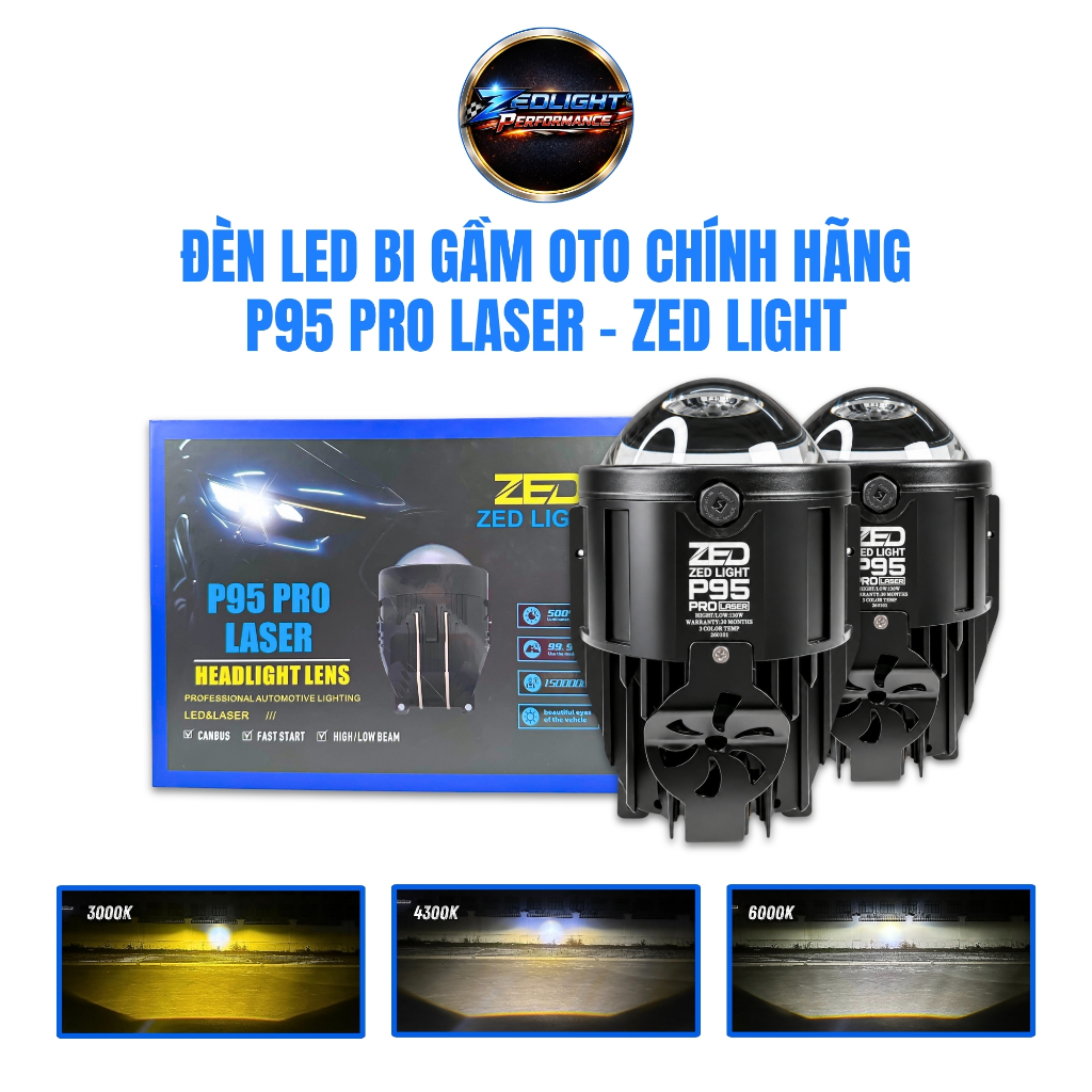 Đèn Bi Gầm LED Siêu Sáng P95 Pro Laser ZED LIGHT - Tâm Pha Laser Chiếu Xa 200m với Pha Màn Chập