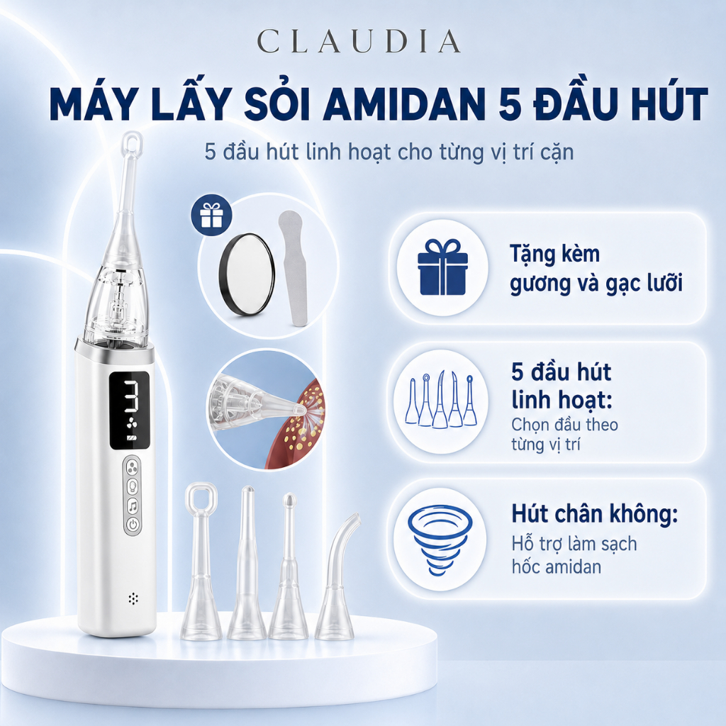 Thiết bị hút sỏi amidan với 5 đầu hút chuyên dụng giúp hỗ trợ giảm hôi miệng CSSD124 Claudia