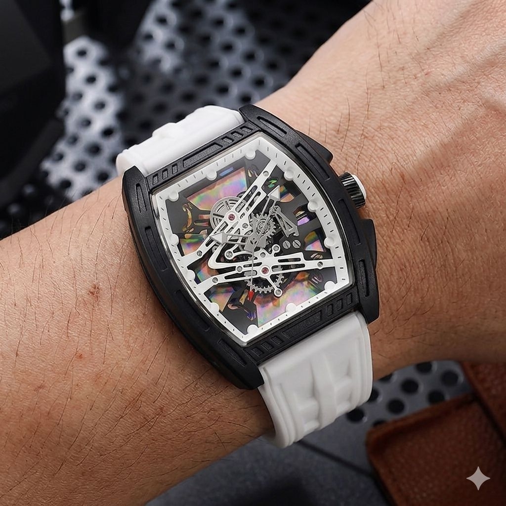 [MWATCH] ​Đồng Hồ Nam Dáng Thùng Máy Pin Giả Cơ, Máy Skeleton Dáng Thùng Thể Thao Dây Cao Su Kính Bả