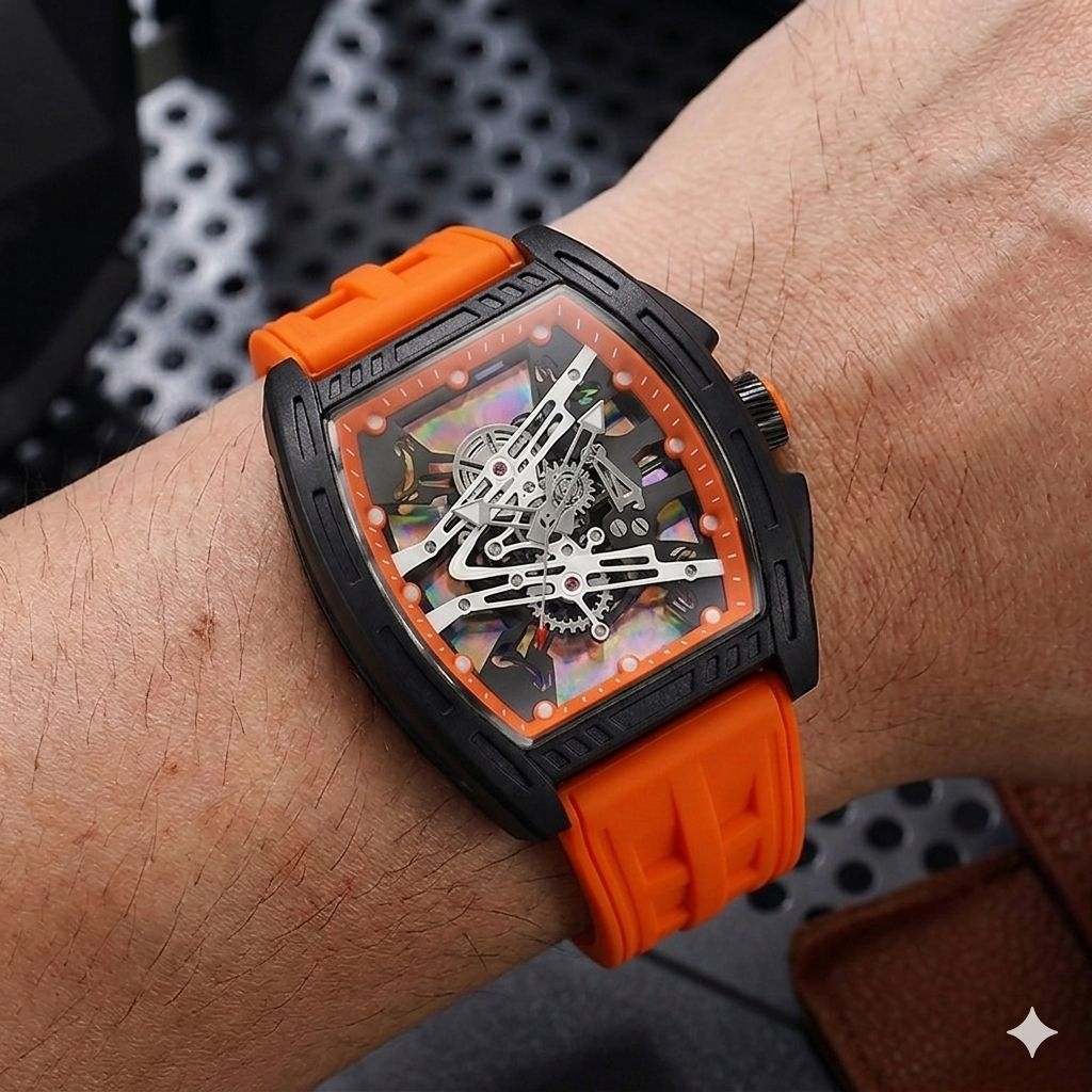 [MWATCH] ​Đồng Hồ Nam Dáng Thùng Máy Pin Giả Cơ, Máy Skeleton Dáng Thùng Thể Thao Dây Cao Su Kính Bả