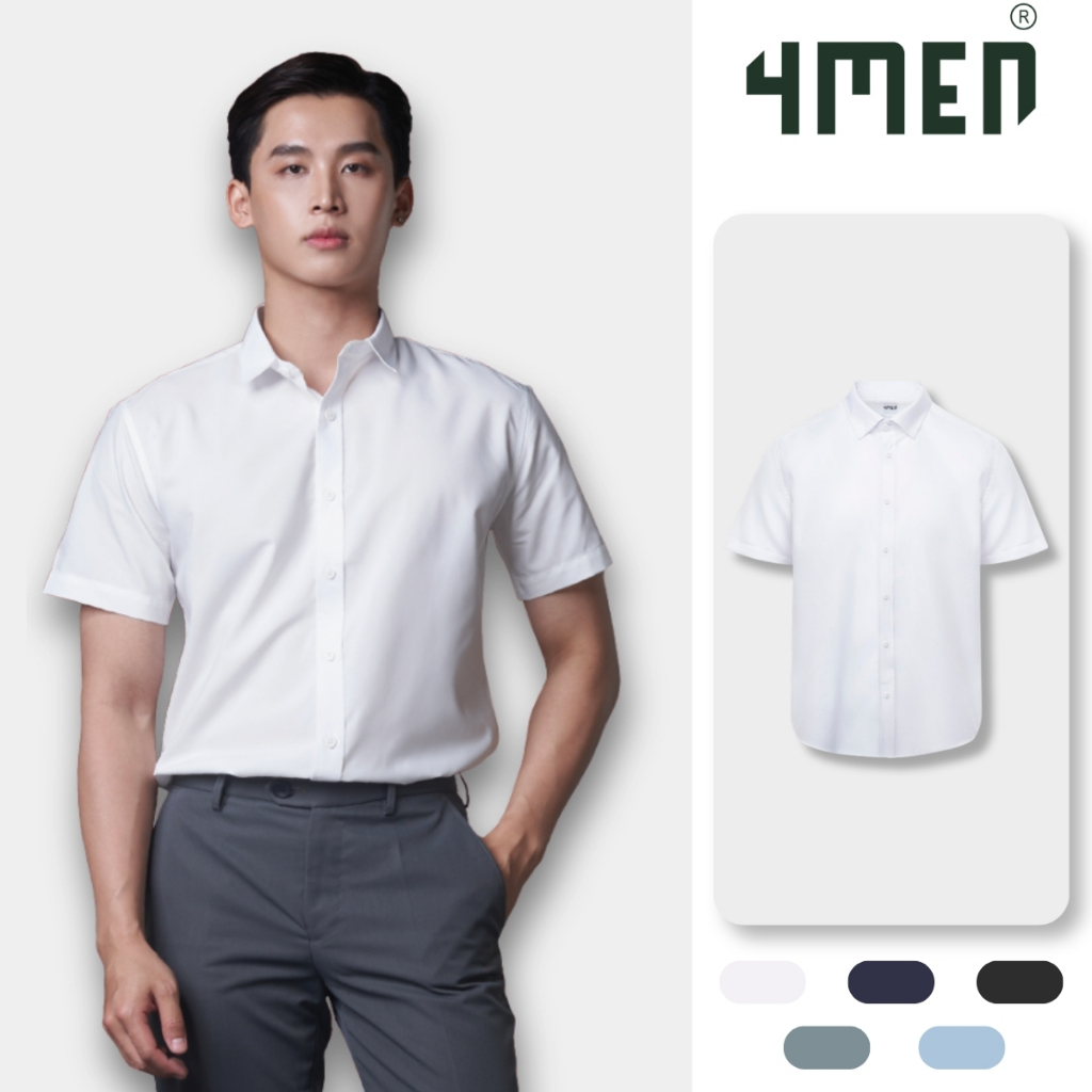 Áo sơ mi nam tay ngắn trơn đẹp 4MEN SM087 vải lụa chéo mềm mịn, hạn chế nhăn, form tailored công sở trẻ trung giá rẻ
