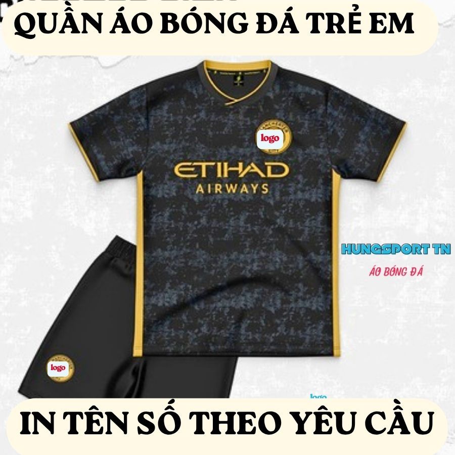 Man City quần áo bóng đá trẻ em , in tên số theo yêu cầu, in nhiệt không bong tróc, sắc nét bền màu 