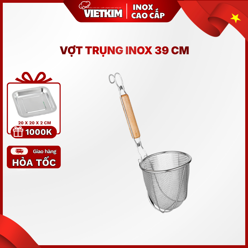 Vợt Trụng Inox Việt Kim 39 cm – Dụng Cụ Trụng Bún Phở, Mì, Bánh Canh, Lưới Inox Bền Chắc, Chống Gỉ