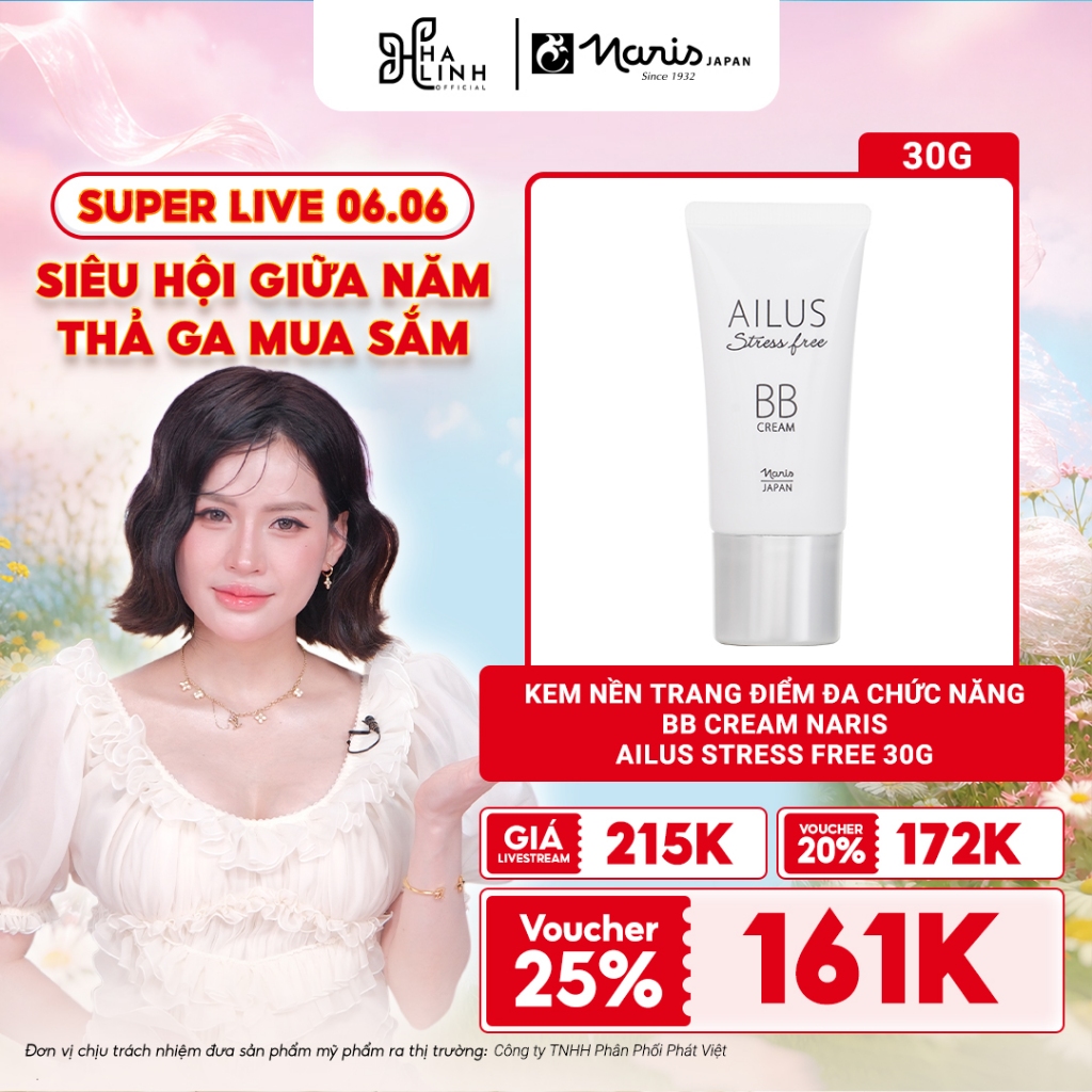 [Võ Hà Linh x Naris] Kem nền trang điểm đa chức năng BB Cream Naris Ailus Stress Free 30g