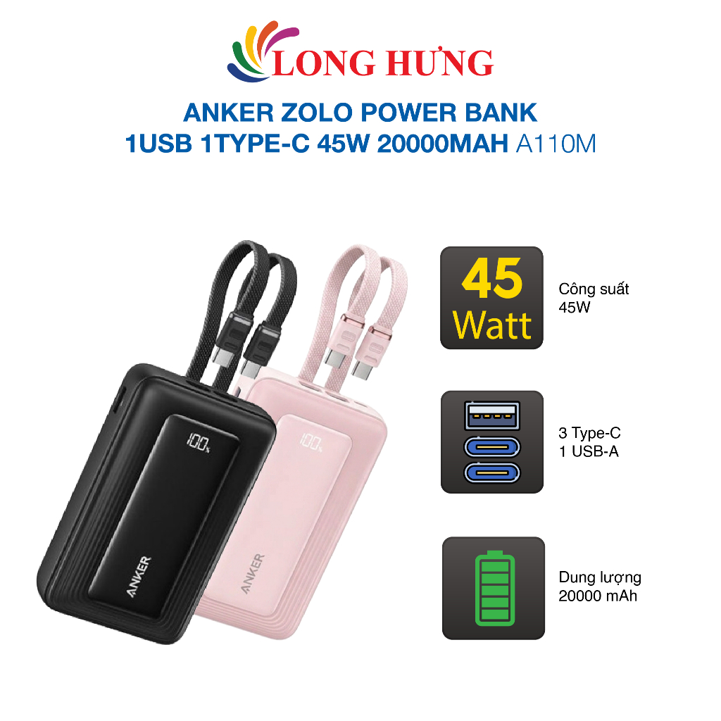 Sạc dự phòng Anker Zolo Power Bank 1USB 1Type-C 45W 20000mAh A110M - Hàng chính hãng