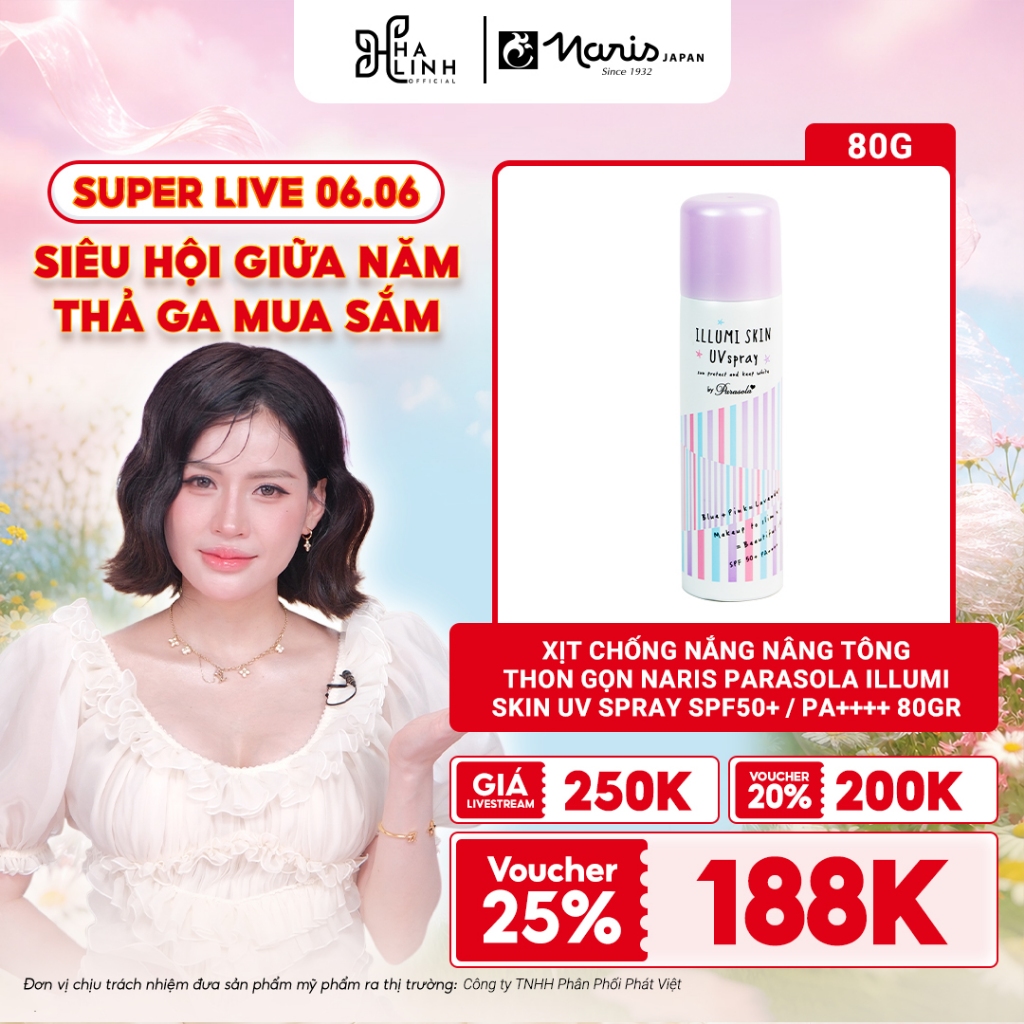 [Võ Hà Linh x Naris] Xịt chống nắng nâng tông thon gọn Naris Parasola Illumi Skin UV Spray SPF50+ / 