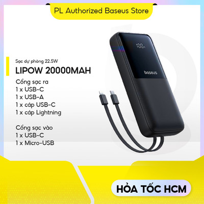 Sạc Dự Phòng Baseus Lipow 22.5W Dual-Cable 20000mAh USB-C & Lightning tích hợp kèm USB to C 3A 0.2m