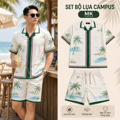 Set Bộ Đồ Nam Campus MK CLEVER chất lụa mịn mát, thiết kế cổ Cuban thoáng mát, co giãn, form dáng thoải mái, trẻ trung