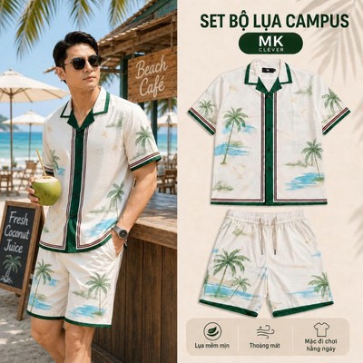Set Bộ lụa Nam Campus MK CLEVER chất lụa mịn mát, thiết kế cổ Cuban thoáng mát, co giãn, form dáng thoải mái, trẻ trung