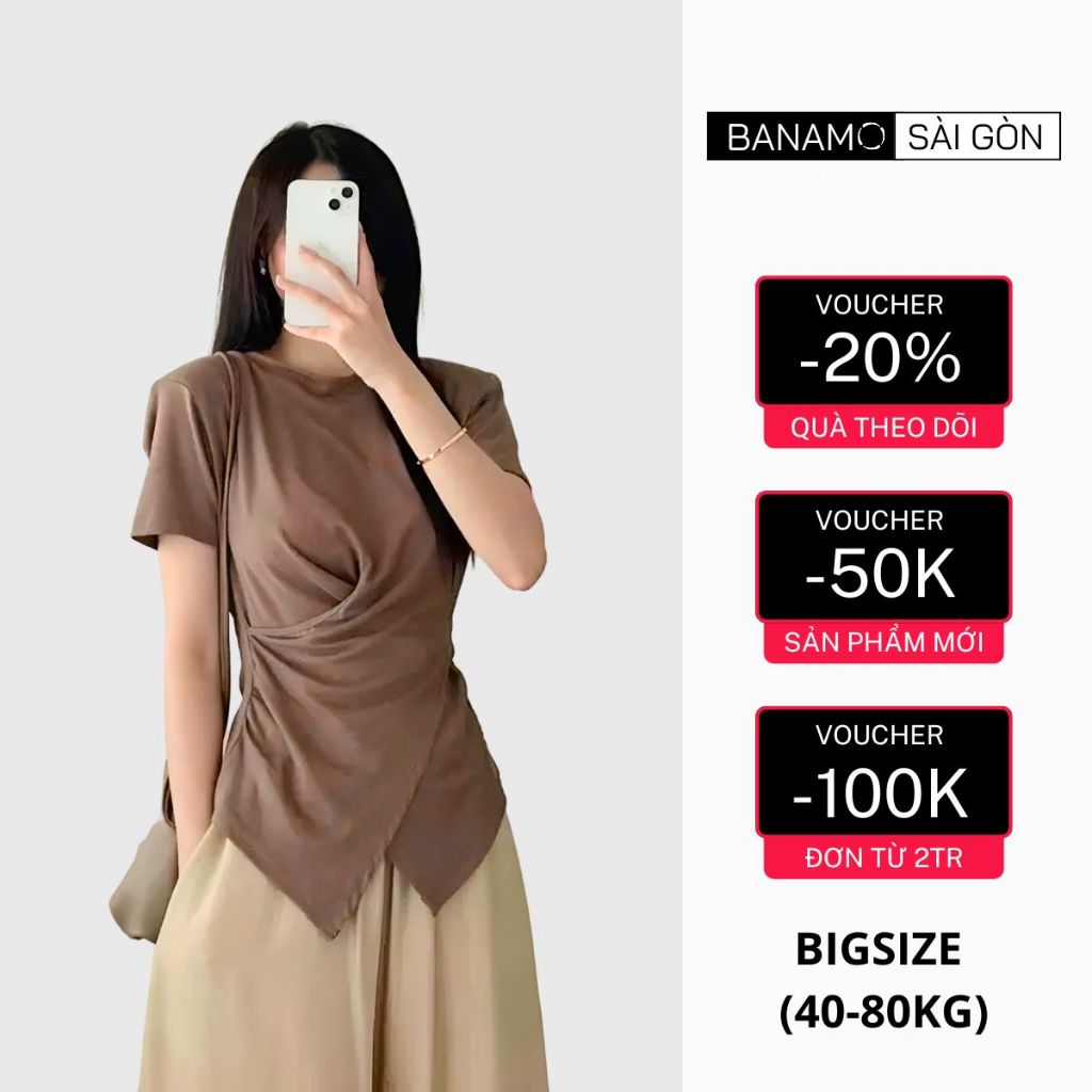 Áo thun nữ bigsize Banamo Sài Gòn áo thun trơn cổ tròn nhúm eo vạt chéo 3112