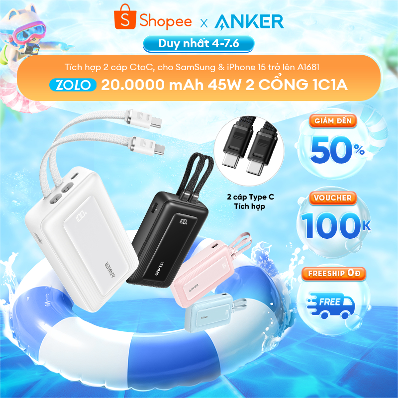 [ANKER] [Samsung/iPhone 15-17] Sạc dự phòng ANKER Zolo 20kmAh 45W | 2 cổng 1C1A | Tích hợp 2cáp USB-