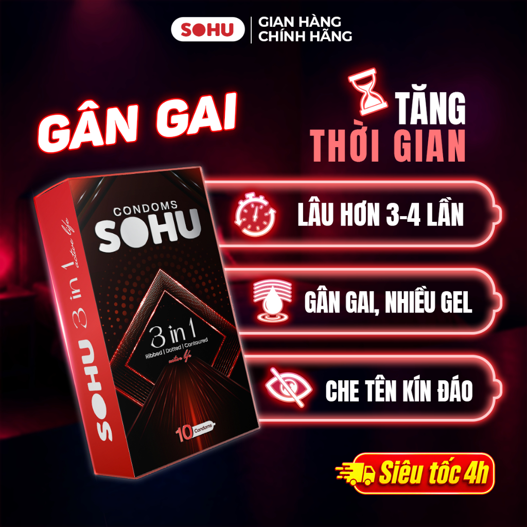 Bao Cao Su SOHU 3in1 Có Gân, Gai, Cổ Thắt Vừa Vặn, Kéo Dài Thời Gian size 52mm
