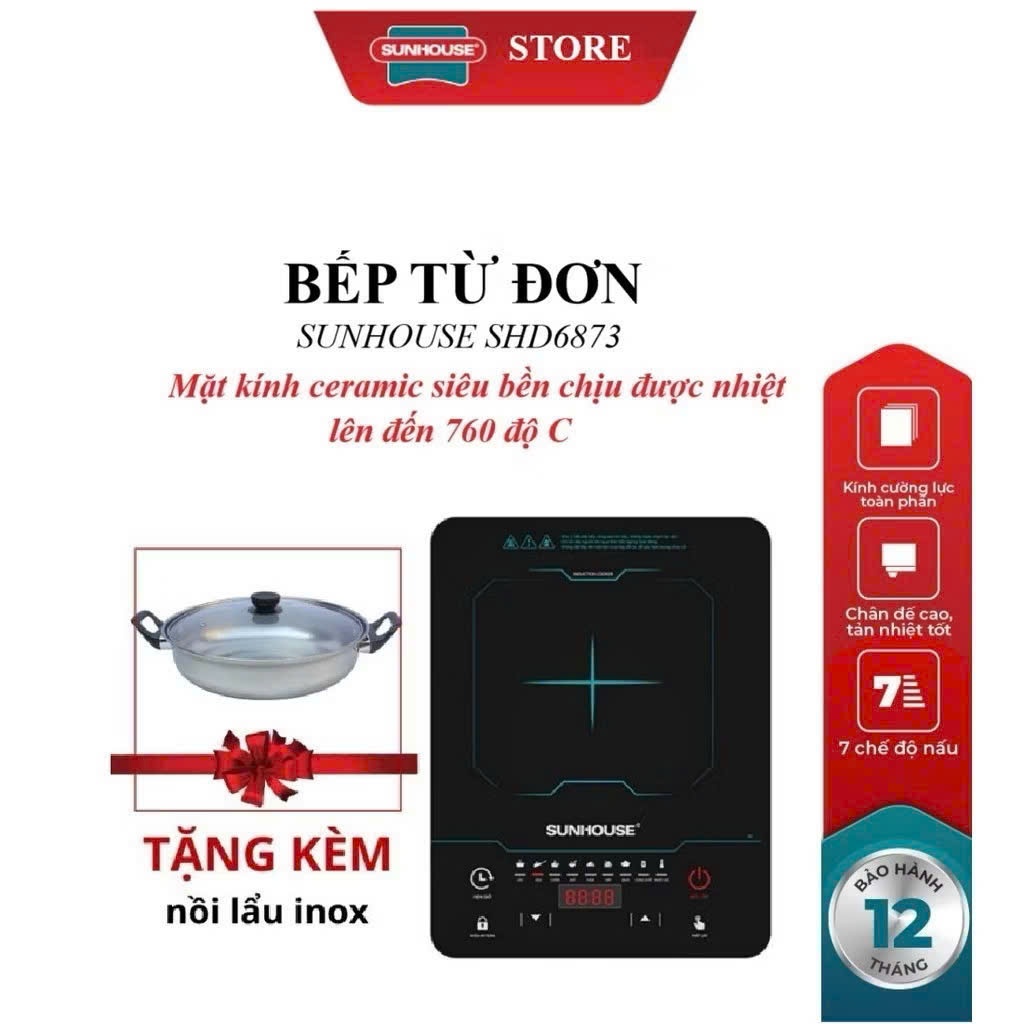 BẾP TỪ ĐƠN SUNHOUSE SHD6873_Tặng Kèm Nồi Lẩu Inox