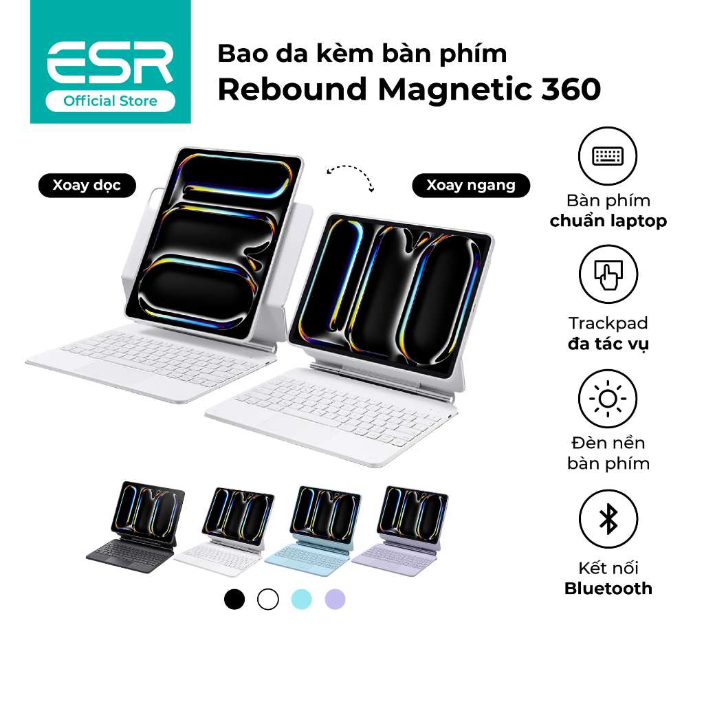 Ốp lưng bao da iPad kèm bàn phím ESR Magnetic Rebound 360 Bảo vệ toàn diện 3 góc xem cho Pro 11" 13"