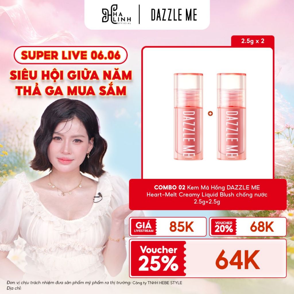 [VHL x DAZZLE ME] COMBO 02 Kem Má Hồng DAZZLE ME Heart-Melt Creamy Liquid Blush chống nước 2.5g+2.5g