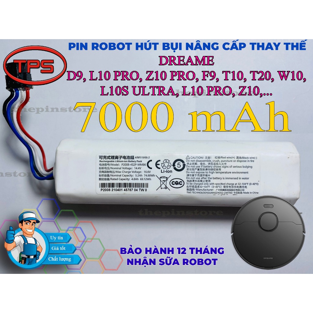 PIN ROBOT HÚT BỤI NÂNG DREAME D9, L10 PRO, Z10 PRO, F9, T10, T20, W10, L10S ULTRA, L10 PRO, Z10,...C