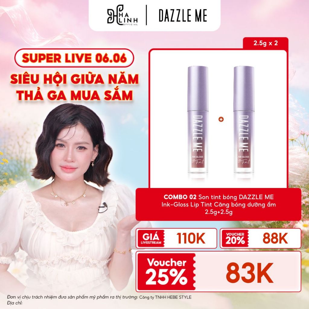 [VHL x DAZZLE ME] COMBO 02 Son tint bóng DAZZLE ME Ink-Gloss Lip Tint Căng bóng dưỡng ẩm 2.5g+2.5g
