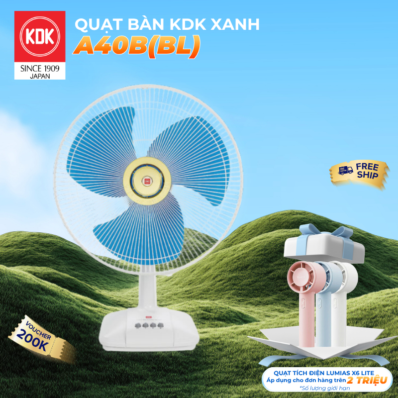 Quạt bàn Nhật 3 mức gió KDK xanh A40B(BL) - Bảo hành chính hãng 12 tháng